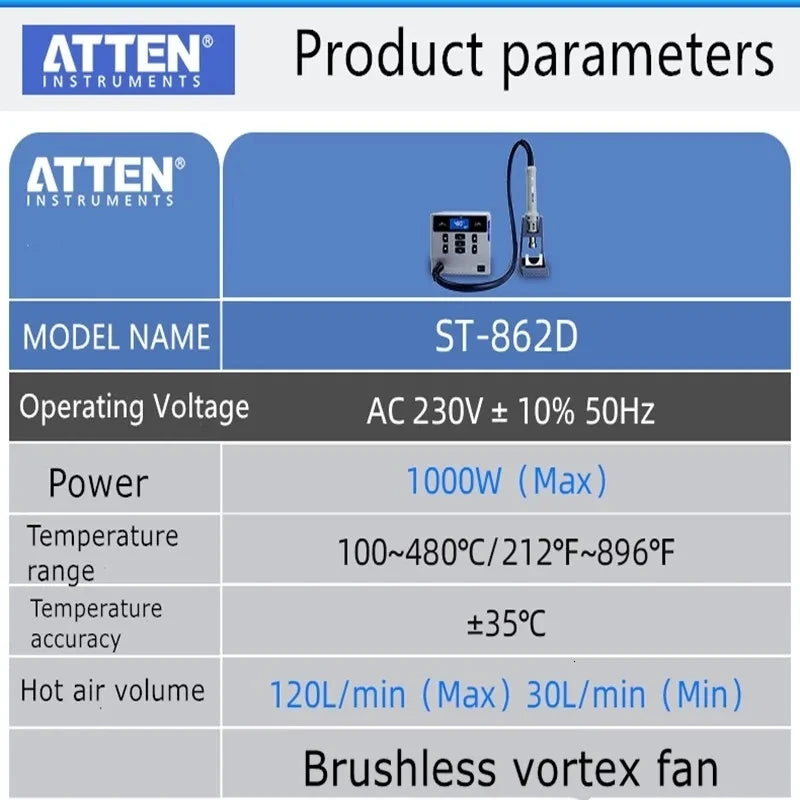 ATTEN ST-862D 110V / 220V 1000W Hot Air Gun Digital Display BGA Rework Station Automatic Sleep Repair Desoldering Station