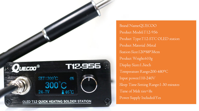 QUECOO T12-956 Soldering Digital Station Electronic Soldering iron OLED 1.3inch with Black M8 handle and T12 soldering iron tips